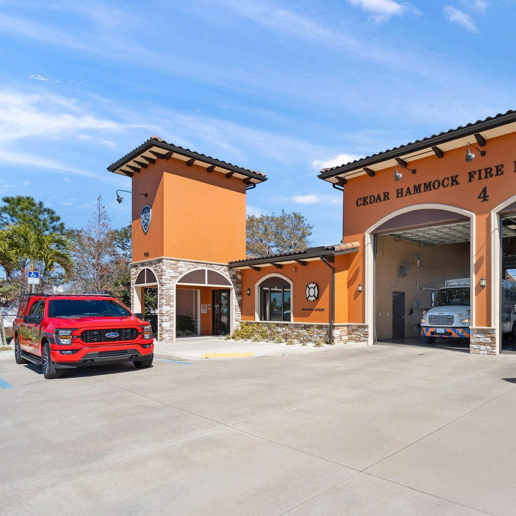 fire station interior construction with equipment bays