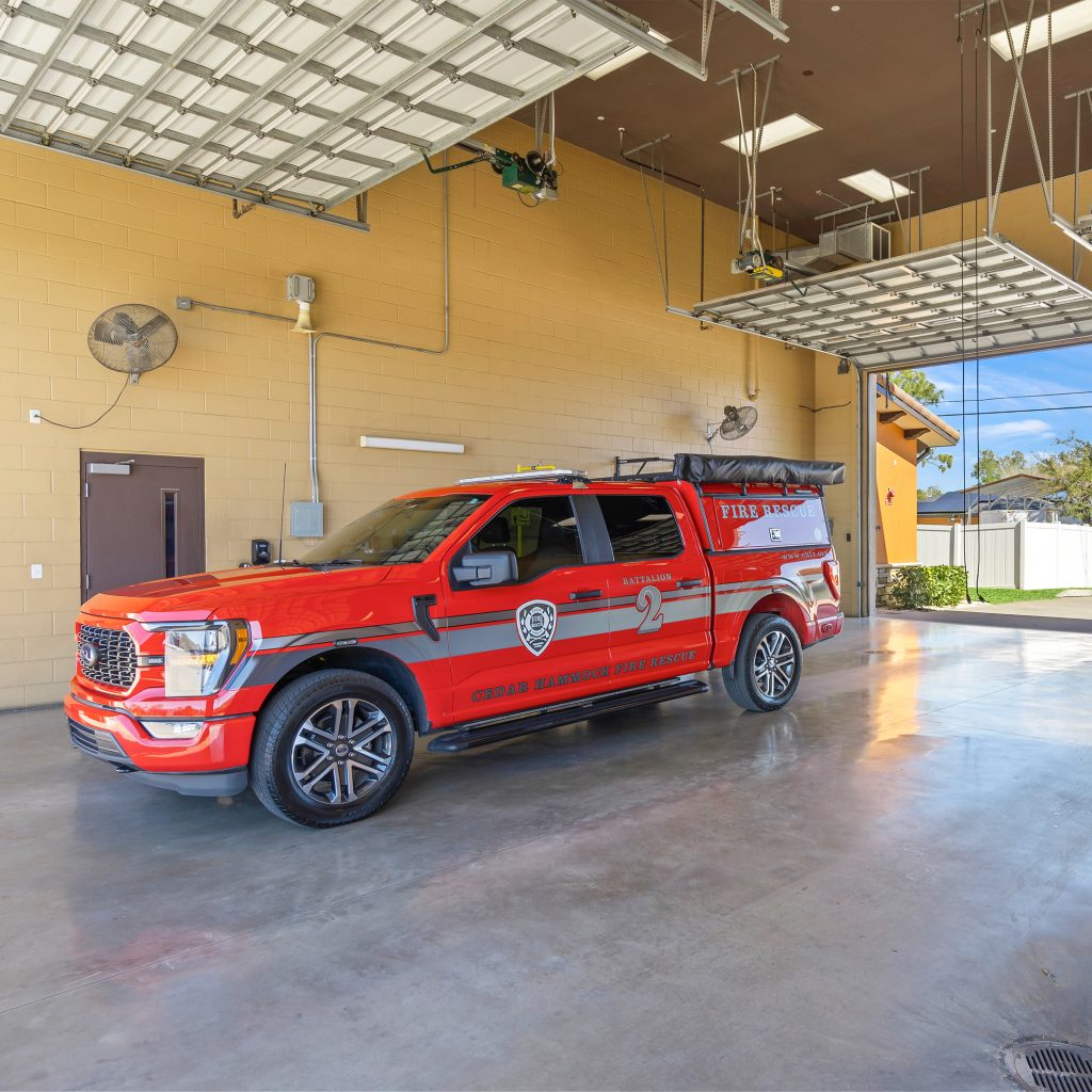 fire station interior construction with equipment bays